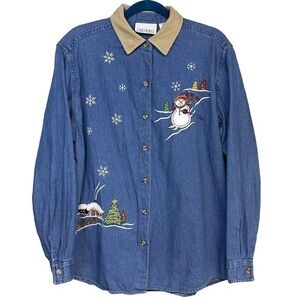 Vintage Casey & Max Winter Christmas Theme Denim Botton Up Top Corduroy Collar L